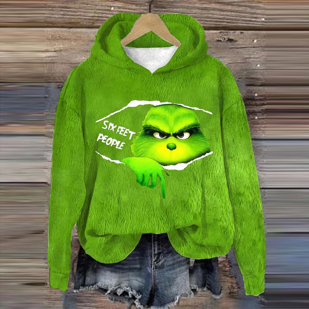 Damenmode, lässig, langärmelig, weihnachtlich bedruckt, Flanelloberteil mit Kapuze