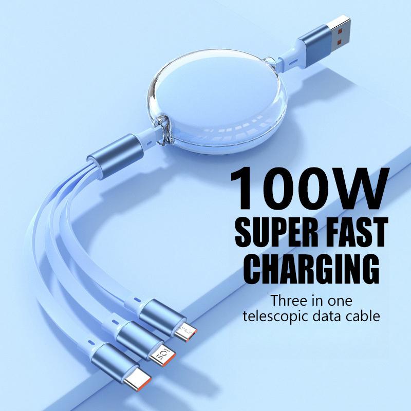 3 In 1 Retractable 100W Fast Charge Data Cable For Iphone 14 Usb Type C/Micro For Sumsung Xiaomi 13 Huawei Phone Charge Usb Cord