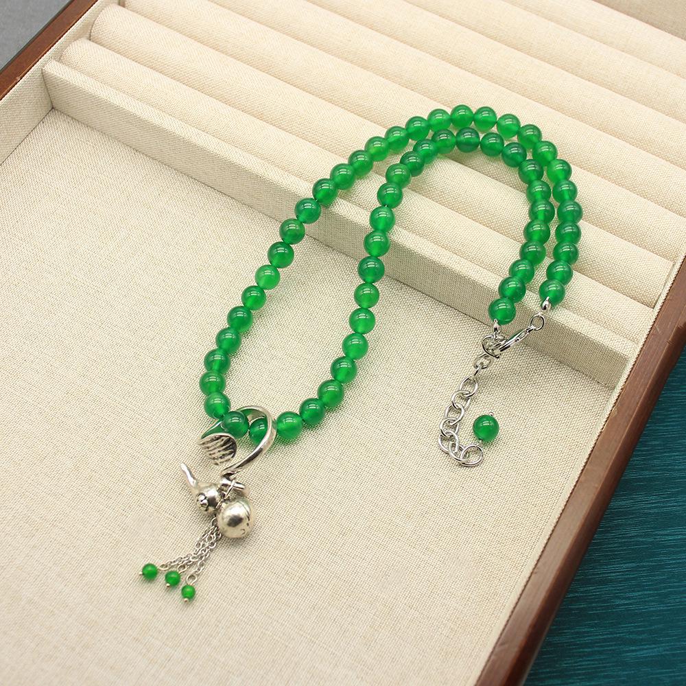 Elegant Green Agate Beaded Necklace & Gourd Ring Set for Women