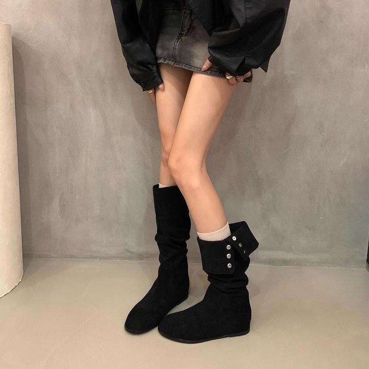 Pleated knee-folding boots piled up new locomotives but thin retro high boots inner height increase women's boots