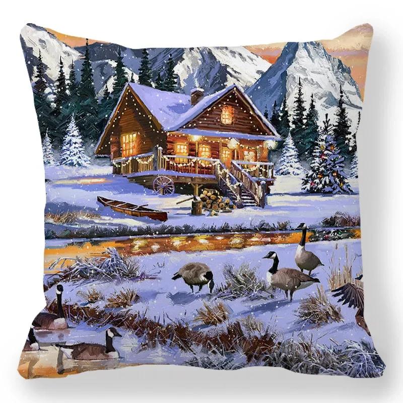 Christmas Decor Cushion Cover Christmas Gifts Home Party Decorative Pillow Cover Winter Snow Scene Animal Angel Print Pillowcase