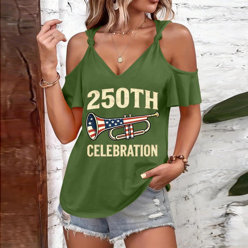 Women's Casual Cold Shoulder Short Sleeve T Shirt with 250th Celebration Print and Trumpet Graphic Loose Fit Round Neck Design