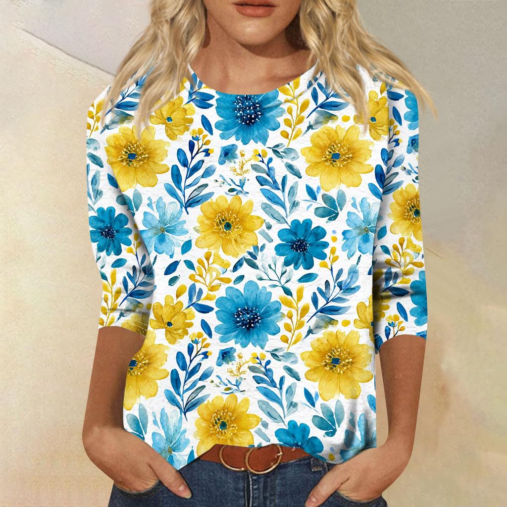 Women Casual Crew Neck Three Quarter Sleeve Floral Print T Shirt Top Relaxed Fit Lightweight Pullover Blouse for Daily Wear