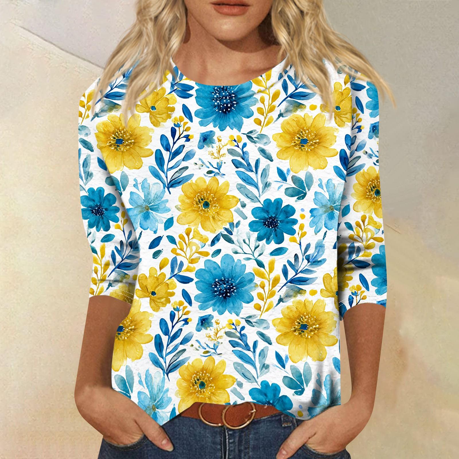 

Women Casual Crew Neck Three Quarter Sleeve Floral Print T Shirt Top Relaxed Fit Lightweight Pullover Blouse for Daily Wear L