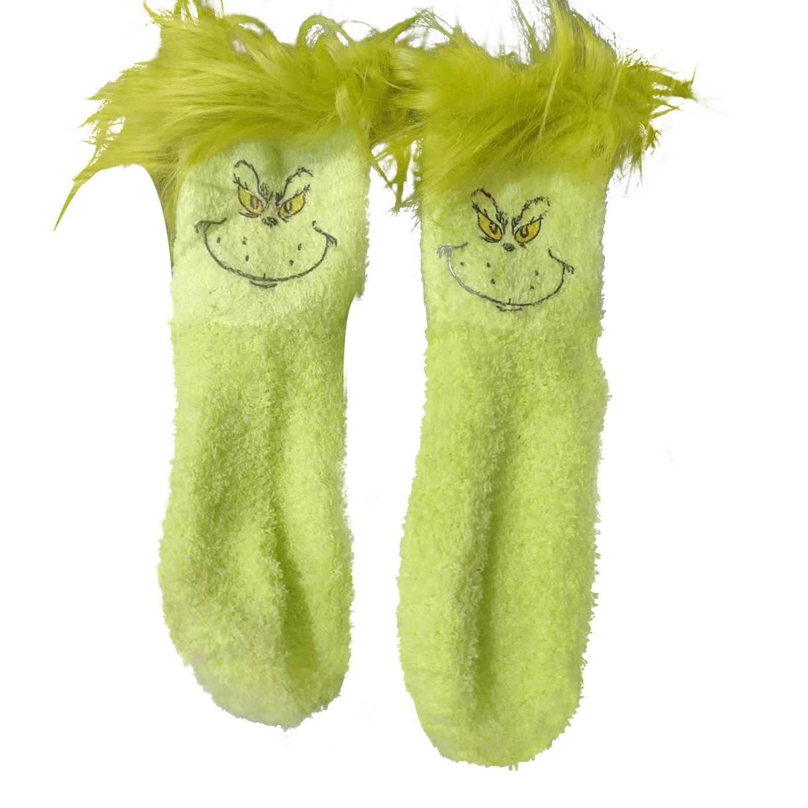 

Рождественские плюшевые носки Зеленые носки с мультяшным принтом Для домашнего использования One Size
