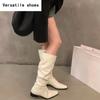Slim Women Knee High Boots Fashion Slip On Pleated Long Booties Square Heels Autumn Winter Shoes