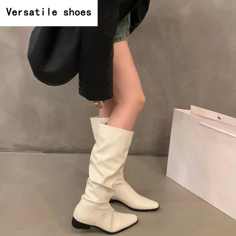 Slim Women Knee High Boots Fashion Slip On Pleated Long Booties Square Heels Autumn Winter Shoes