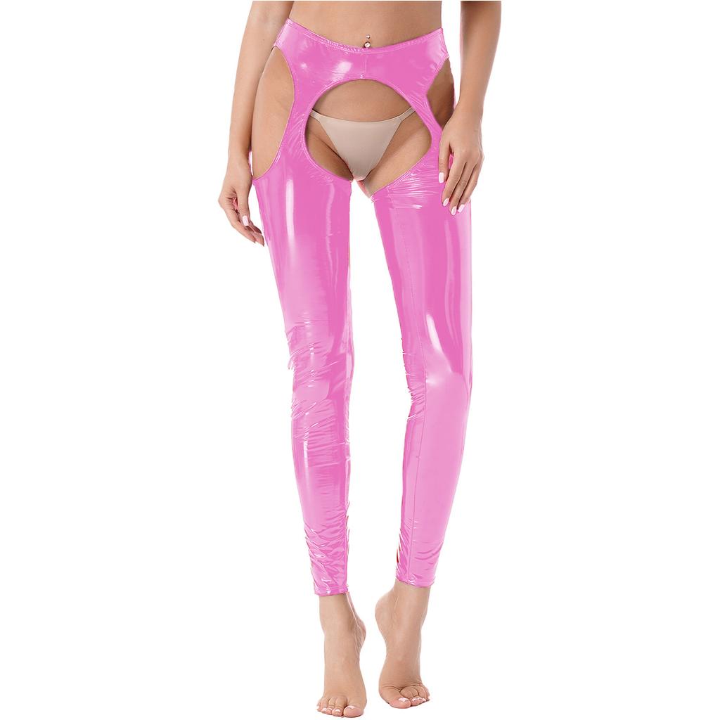Womens Wet Look High Waist Cutout Leggings Crotchless Open Butt Patent Leather Skinny Pants Clubwear