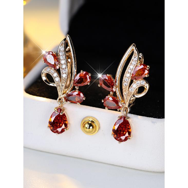European and American-style, Lightweight Luxury Rose Gold, Openwork Leaf Design, Garnet Red Cubic Zirconia Earrings Water Drop Ruby Pendant Earrings