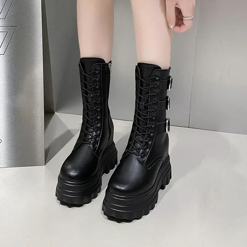 Fashion Ankle Boots for Women Short Boot Round Toe High Platform Motorcycle Boots Thick Heel Sneakers Shoe Increase 12CM Boots Shoes