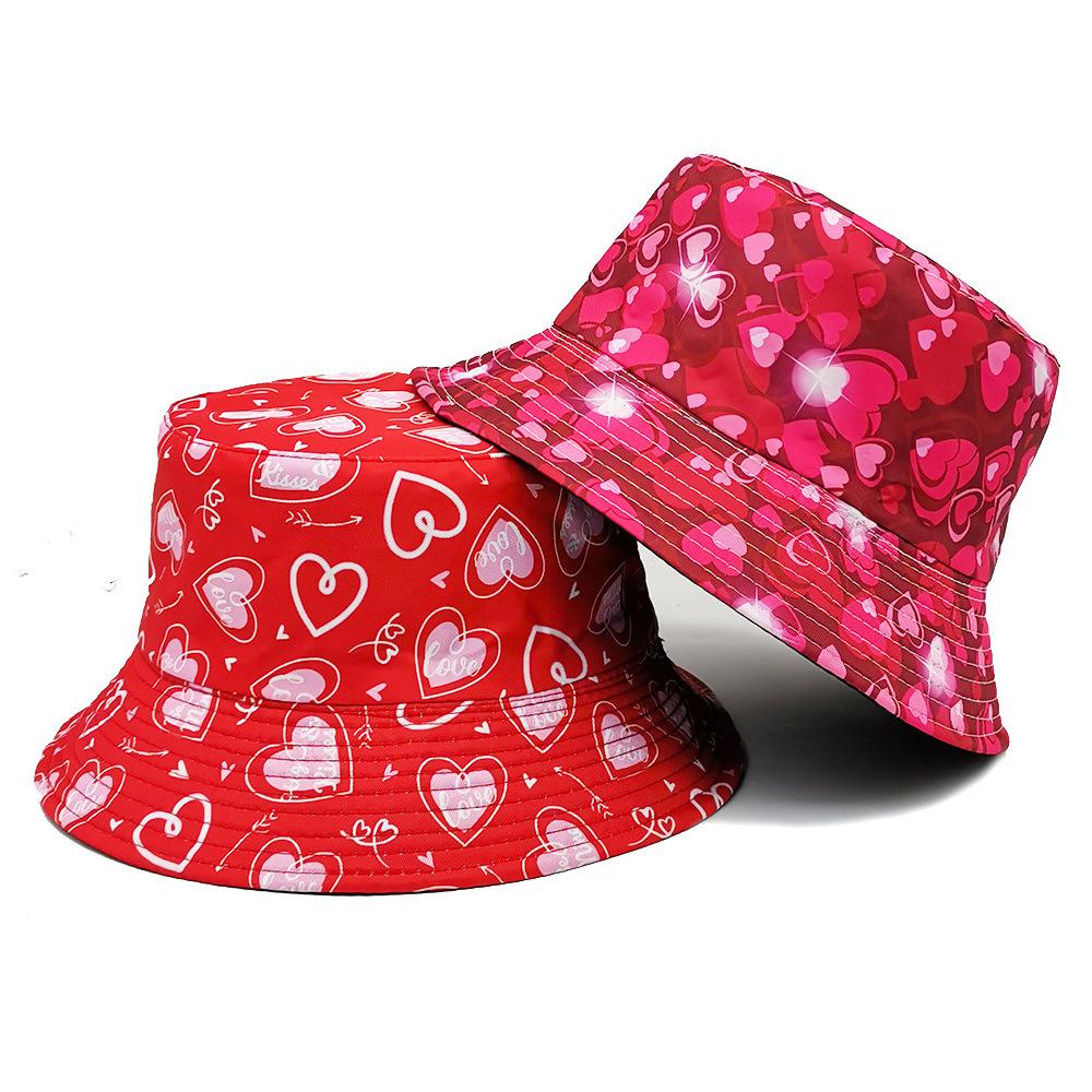 Heart Pattern Reversible Bucket Hat Women Men Summer Sunscreen Fisherman Hat Unisex Panama Fashion Decorate Valentine's Day Love