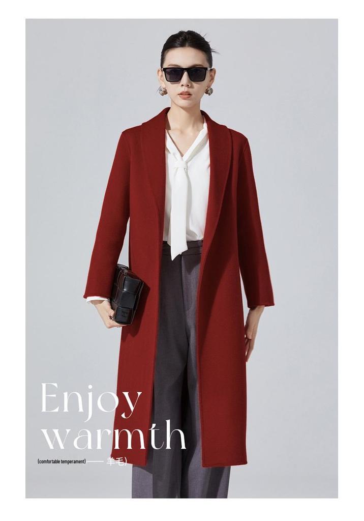 Women's Mid-Length Double-Sided Cashmere Coat - Slim Fit Korean Style Belted Trench, 100% Pure Wool for Autumn and Winter