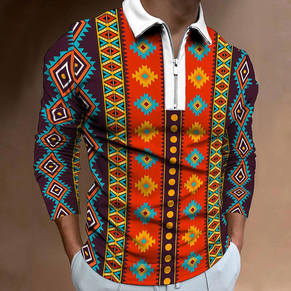 Men's Polo Shirt Digital Printing Men's Sweatshirt T-shirt Men's Autumn and Winter New Ethnic Style T-shirt Tops Men's Lapel Shirt