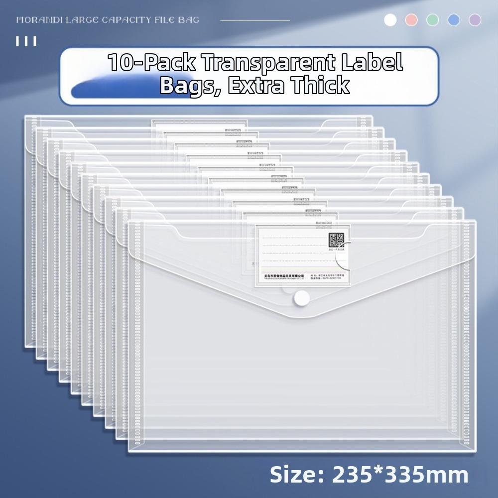 10 Pcs Clear A4 File Folders Plastic Large Capacity Document Pouch Storage Bag Durable Snap Button Closure File Folders