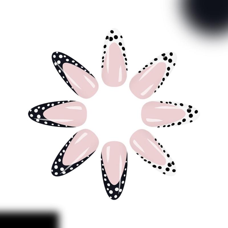 24PcsABS Press On Nail Minimalist French Manicure Polkas Dots Patterns Quick Stick Art False Nail For Busy Ladies
