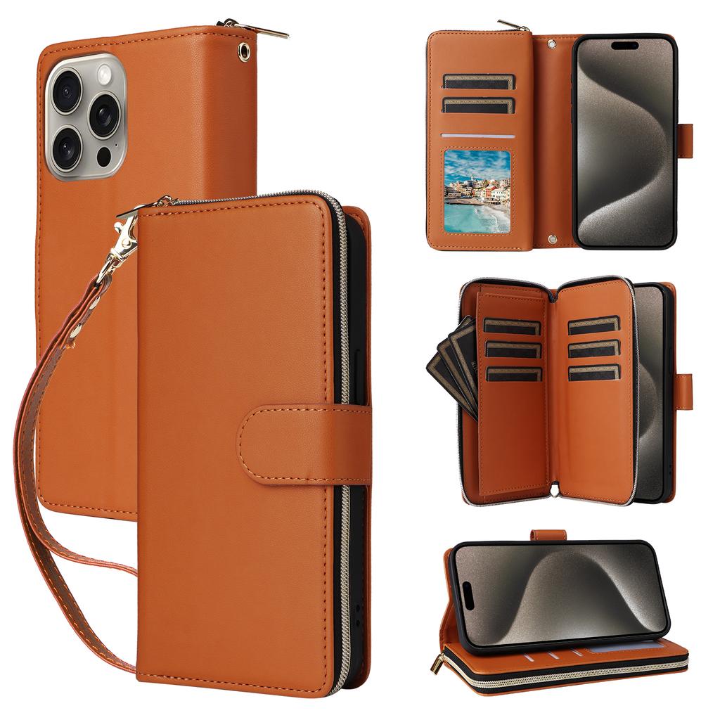 R20 For iPhone 15 Pro Max Case Zipper Pocket PU Leather Cover with 9 Card Slots