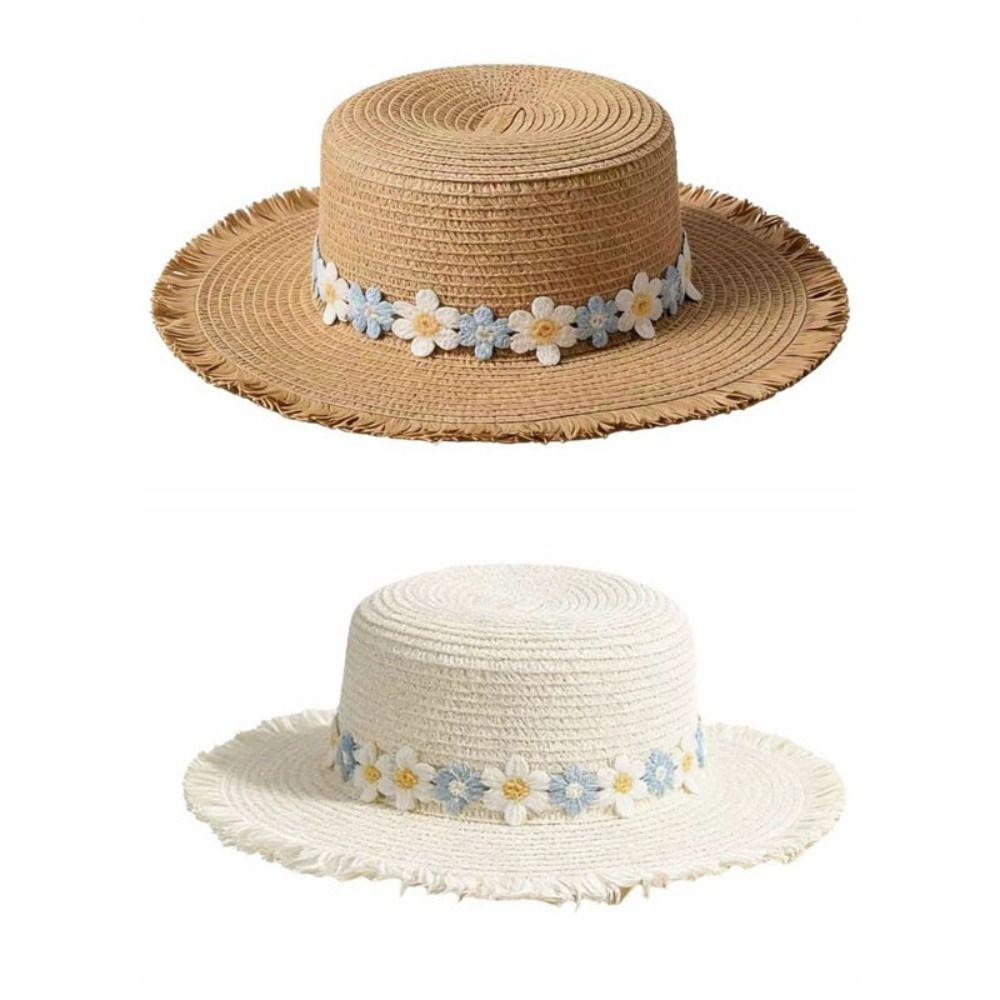 Breathable Wide Brim Flower Straw Hat Sun Protection Flat Top Sunscreen Sun Hat Panama Hat UV Protection Visor Cap Men