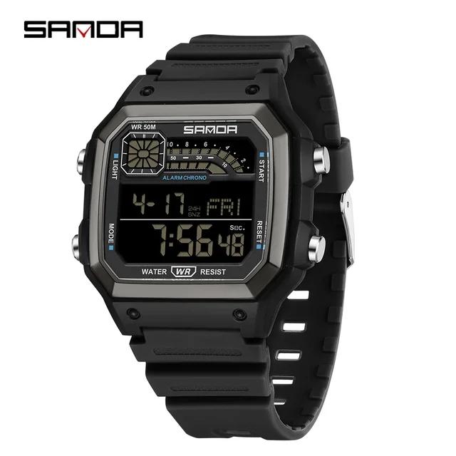 SANDA 6196 Relógio Digital Masculino Pulseira de Silicone Quadrado Eletrônico LED Alarme Contagem Regressiva Tempo Duplo À Prova d'Água Esportivo Casual