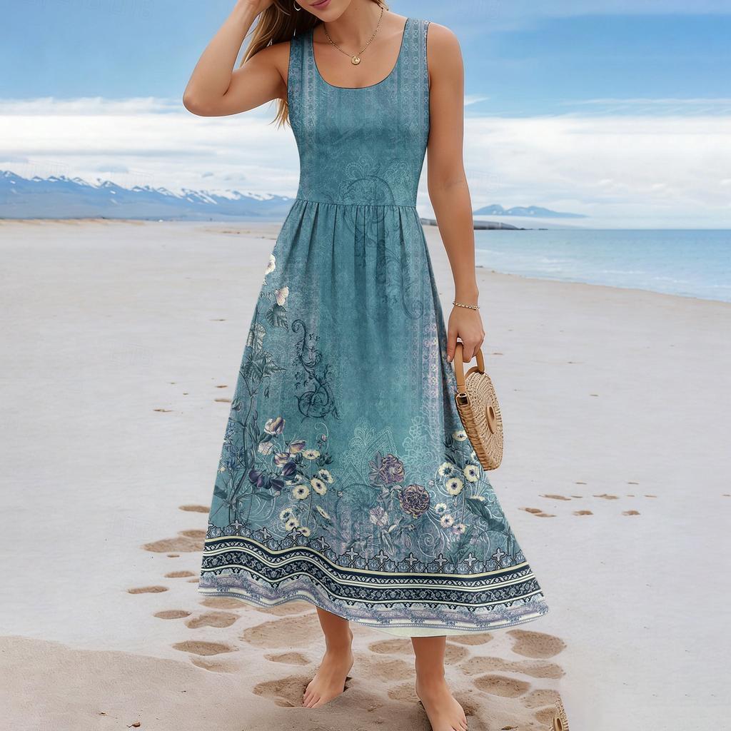 Ladies' floral summer casual and fashionable sleeveless long dress