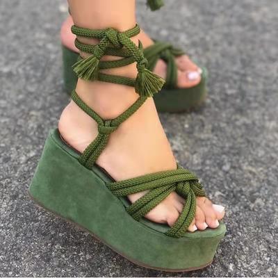 Summer Platform Wedge Sandals Women Fashion Round Toe Cross Tied Height Increase Open Toe Femme Sandal Plus Size