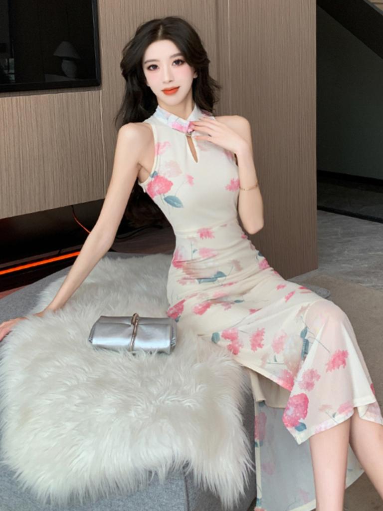 New Chinese national style improved cheongsam young girl sexy temperament celebrity sleeveless neck dress