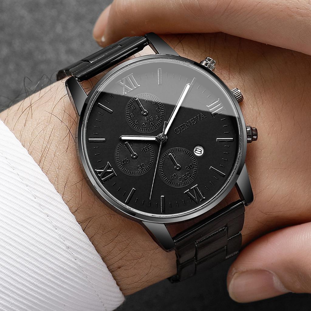 4pcs/set Men's Trendy Watch Bracelet Necklace Ring Set Hip Hop Style Casual Men's Cool Quartz Watch Set (No Box)