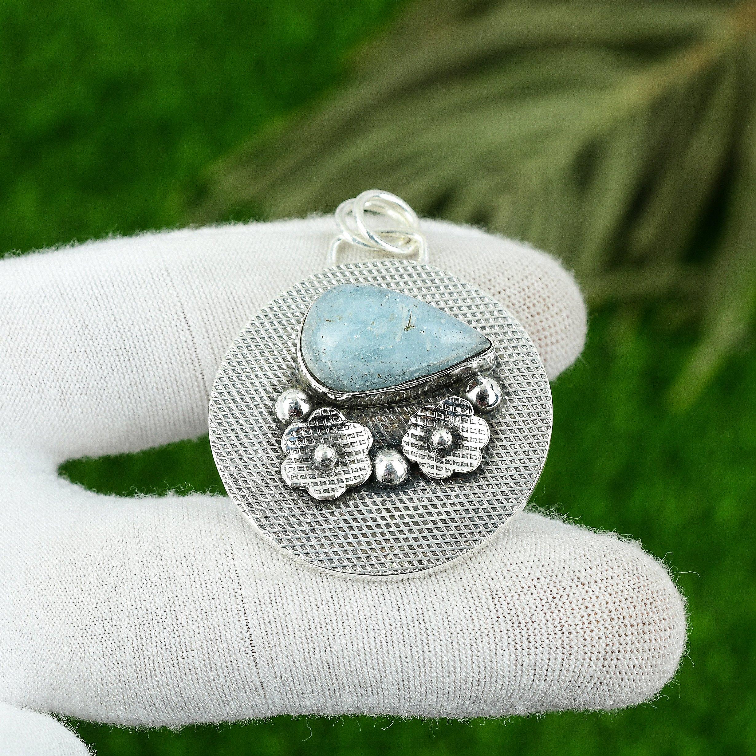 

Натуральний Аквамарин Підвіска з дорогоцінним камінням Ручна робота Срібло 925 проби Індійські ювелірні вироби