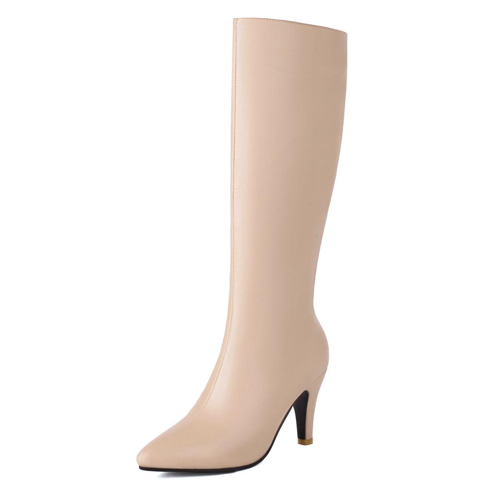 Autumn Winter Women Knee High Boots Chunky Spike Heel Sexy Dress Casual Party Lady Red Black Brown Pointed Toe Zipper Long Boots