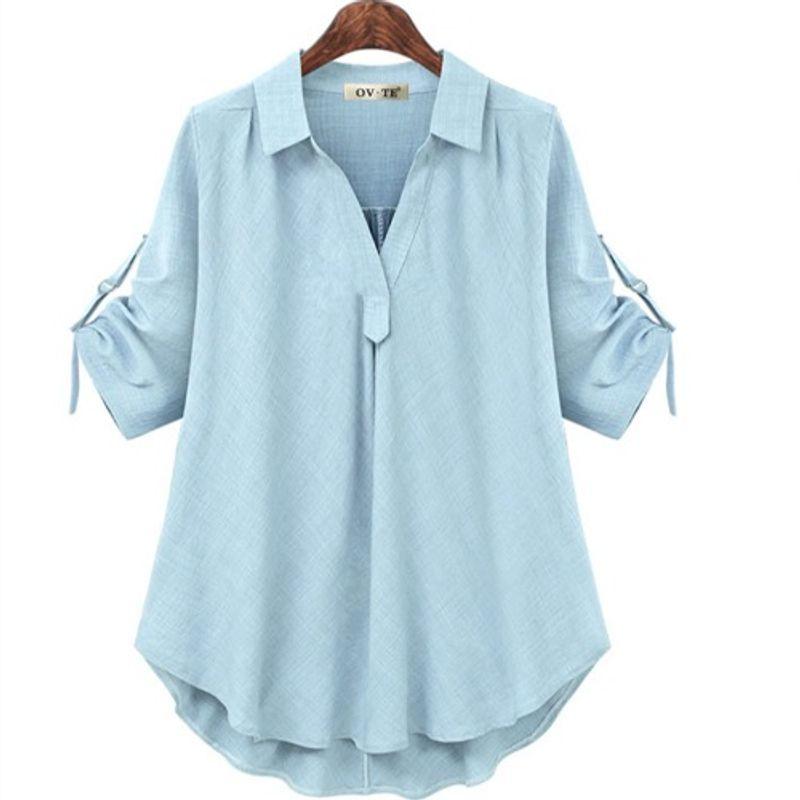 

Summer Foreign Trade Women s Clothing Cropped Loose Mid Length Long Length Shirt Light blue Plus size 4XL