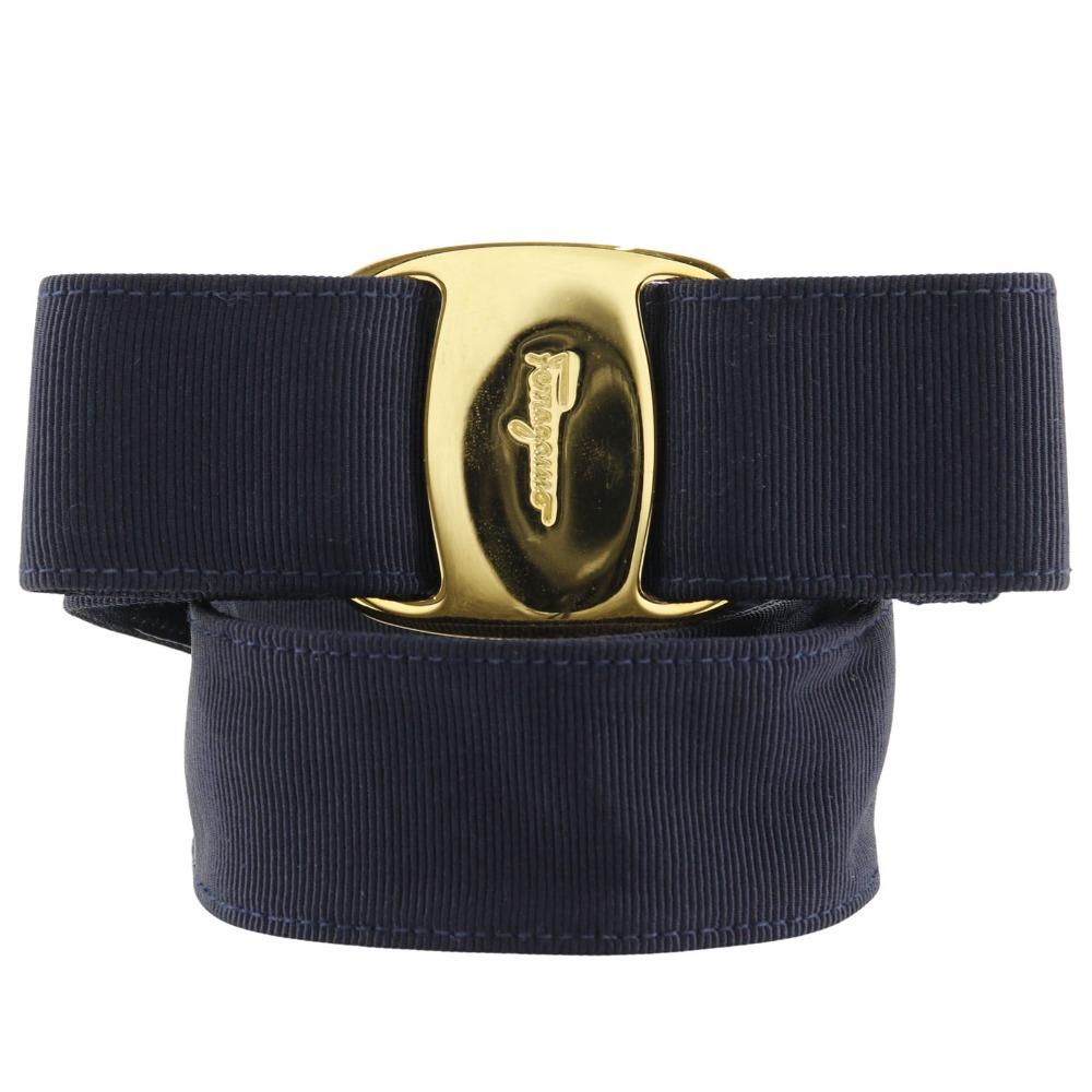 

Salvatore Ferragamo Vala Ribbon belt Navy blue canvas/Plated Gold ribbon Women Used