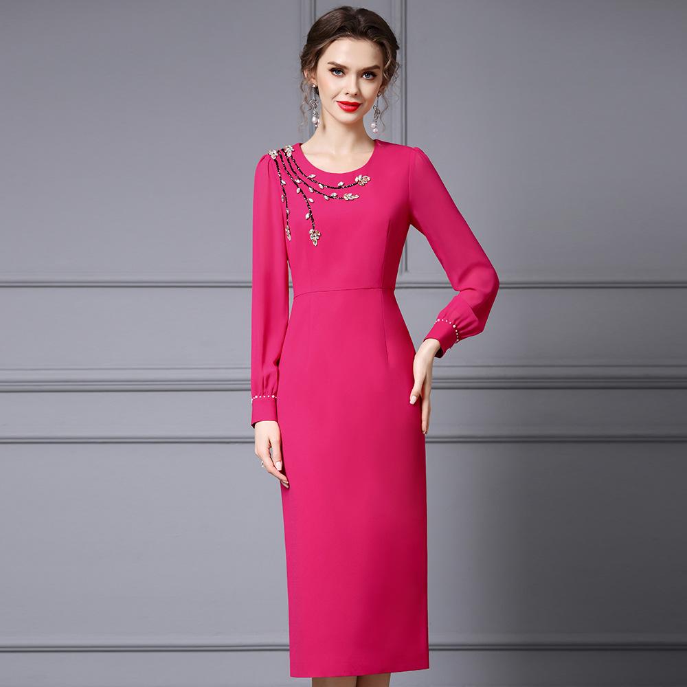 Zhili Elegantní šaty s dlouhým rukávem s diamanty a perlami na jaro 2025