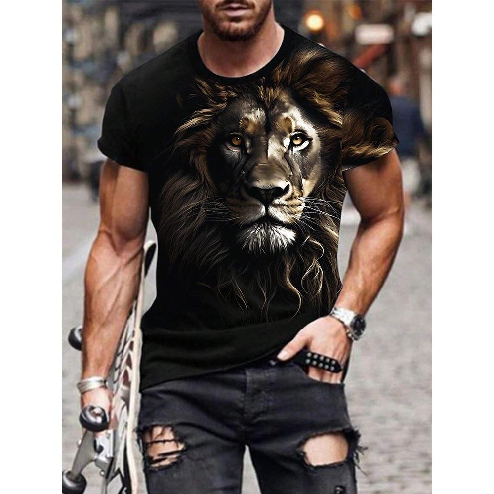 Nowy Letni Outdoorowy Casualowy Męski T-shirt Codzienny Uliczny Męski Top z Krótkim Rękawem Nadruk Lwa Męski T-shirt Sportowy Modny T-shirt