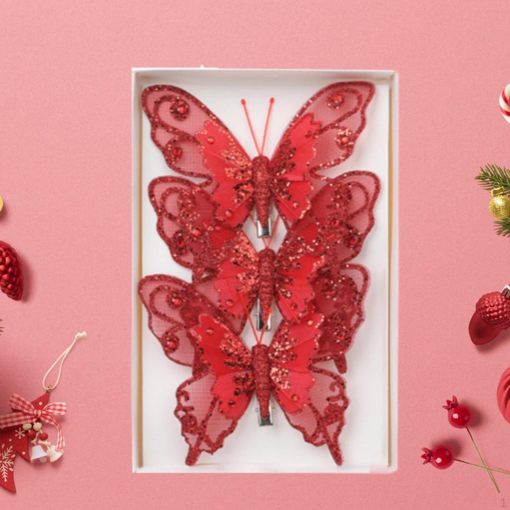 3Pcs Christmas Butterfly Decorations Ornament Decorative Centerpiece with Clip Glitter