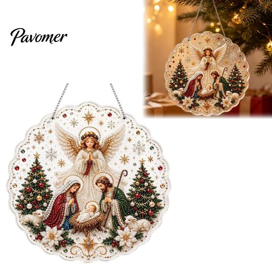 Religiöse Feiertagsdekorationen Weihnachten Perlmuttmalerei Sonnenfänger-Set, 3D Krippe/Weihnachtsmann/Vogel/Baum Festliche Heimdeko Akzente Perlen