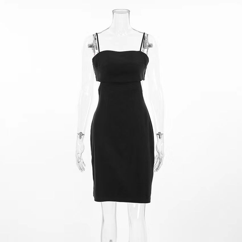 

Fashion Wind Summer New Sexy Little Black Dress with Suspenders Waist-Tight Hollow Dress Sling Sexy Dress Black L