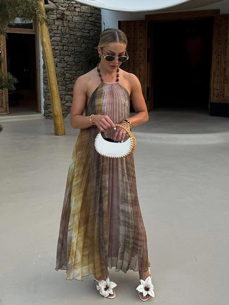 

Сексуальное плиссированное длинное платье с принтом тай-дай, женские свободные платья с открытой спиной и рукавами, летние праздничные платья для женщин, пляжные вечерние халаты L кофейный