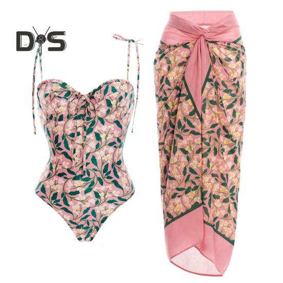 

2 шт./комплект женский купальник слитный с цветочным принтом пляжный чехол юбка-халат комплект для пляжного отдыха вечеринка L розовый