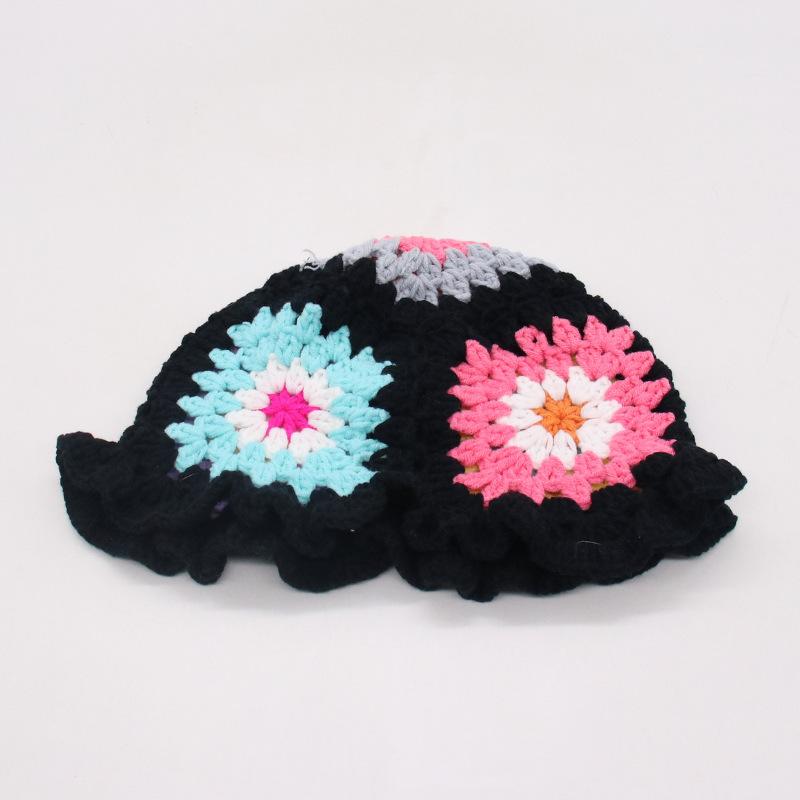Ins Hyunya Style Hand-Woven Colored Flower Pot Hat Retro Breathable Bag Head Bucket Hat Knitted Hat