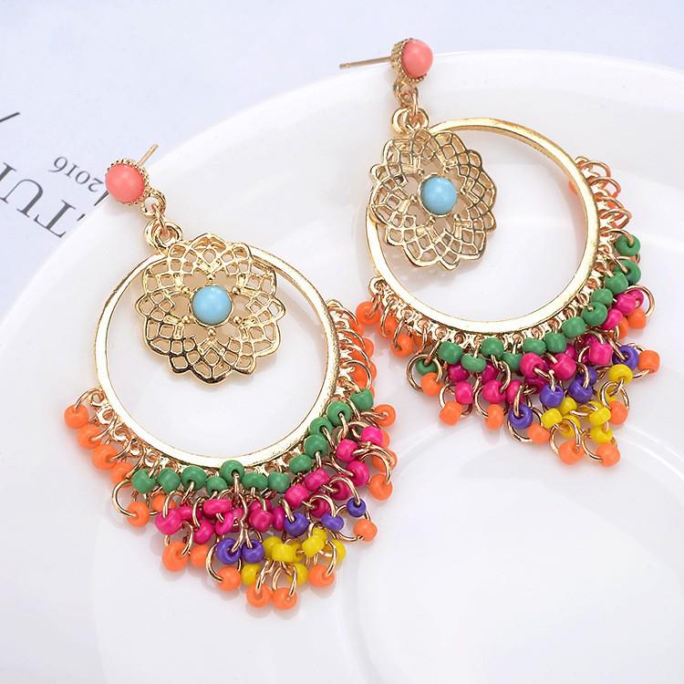 Elegant Temperament Long Tassel Earrings with Colorful Seed Bead and Hollow Carved Ear Studs