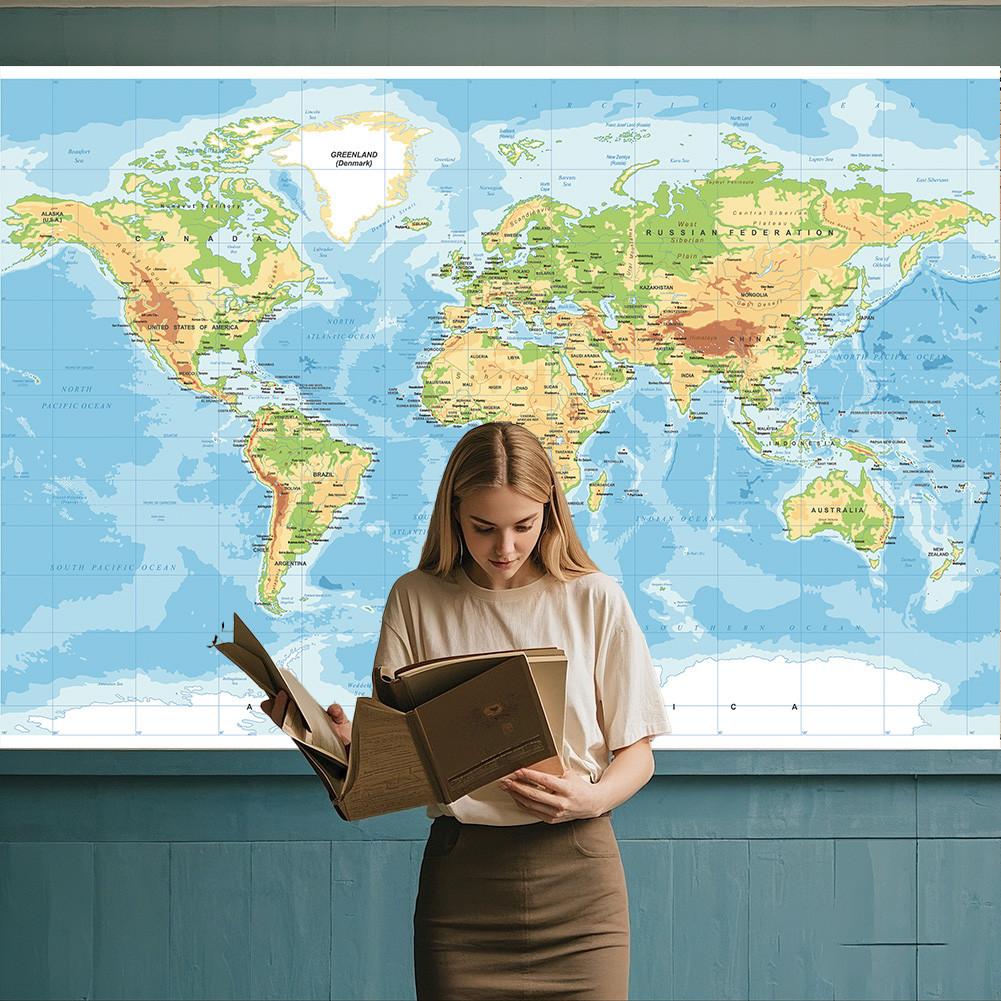 Χωρίς πλαίσιο Παγκόσμιος Τοπογραφικός Χάρτης Αγγλικός Εκπαιδευτικός Επιτοίχιος για Αίθουσα Διδασκαλίας, Σαλόνι, Διακόσμηση Δωματίου Δώρο Ταξιδιωτικά Είδη