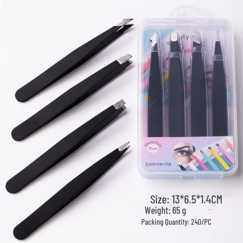 4-Piece Stainless Steel Black Tweezer Set for Eyebrows and Hair Removal with Storage Case