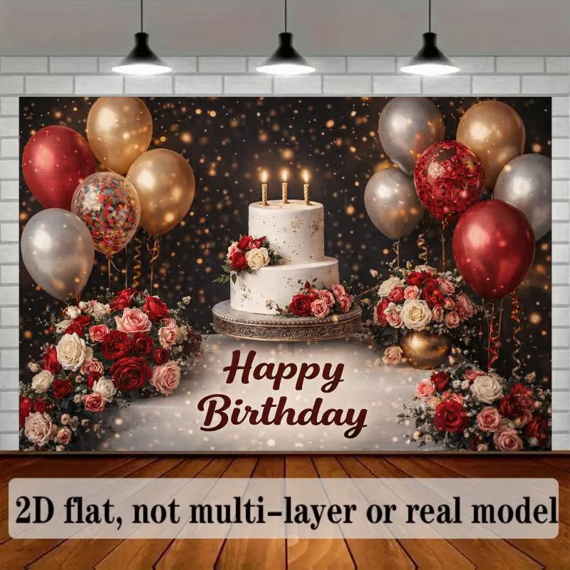 2D Flat Red Gold Birthday Backdrop Cake & Rose Background for Women Party Photoshoot