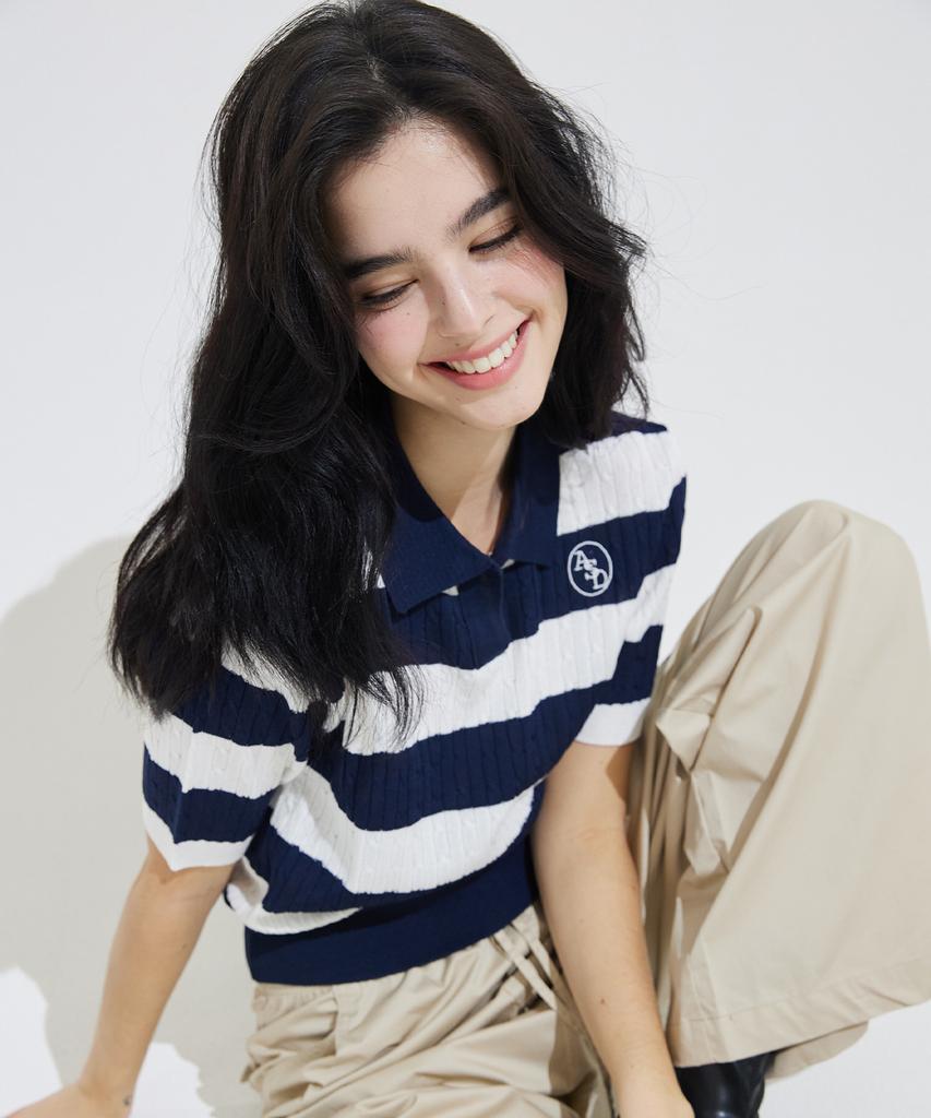 AWESOME STUDIO Striped Cable Collar Knit Navy