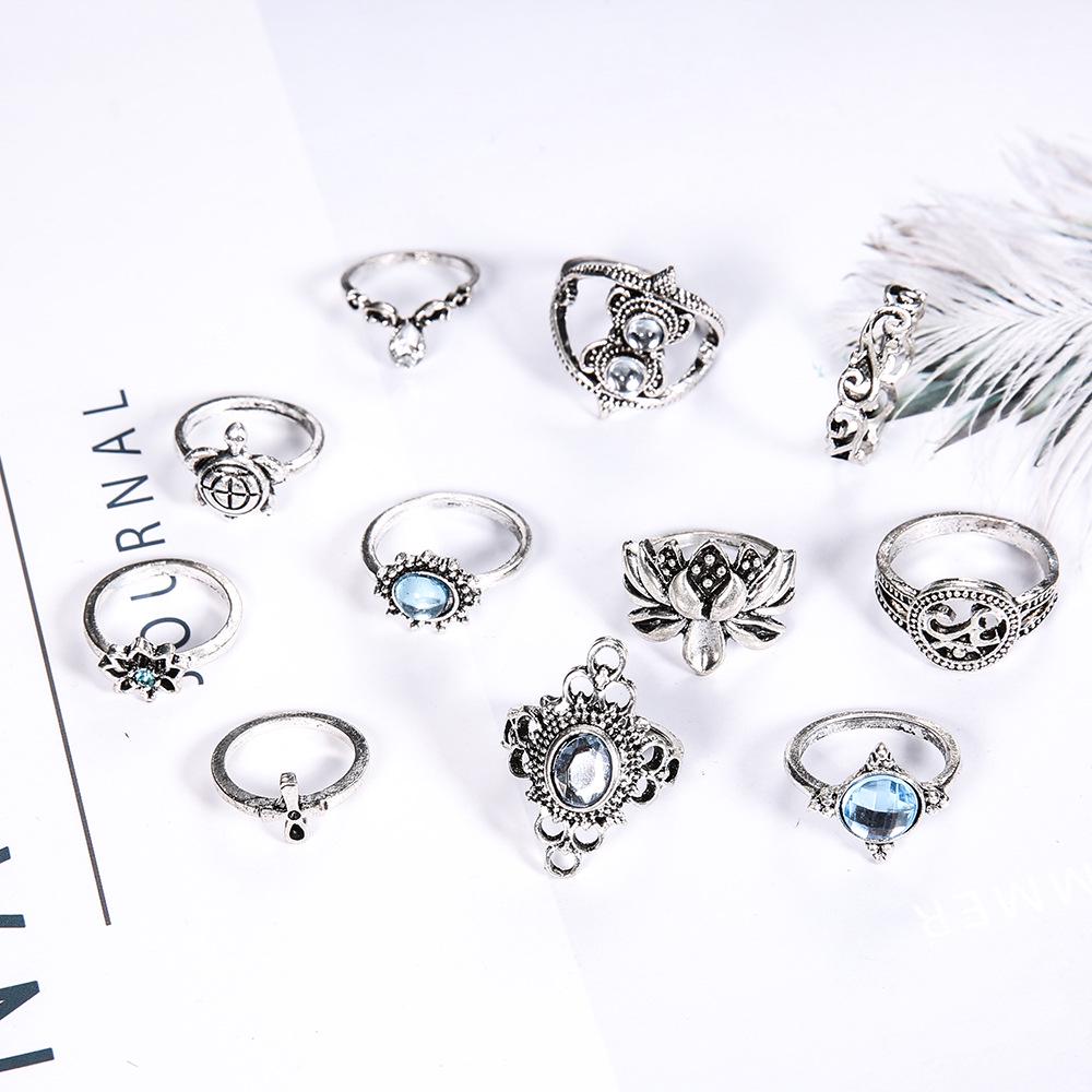 Women Bohemian Carved Unique Crystal Knuckle Rings Set 11 In 1