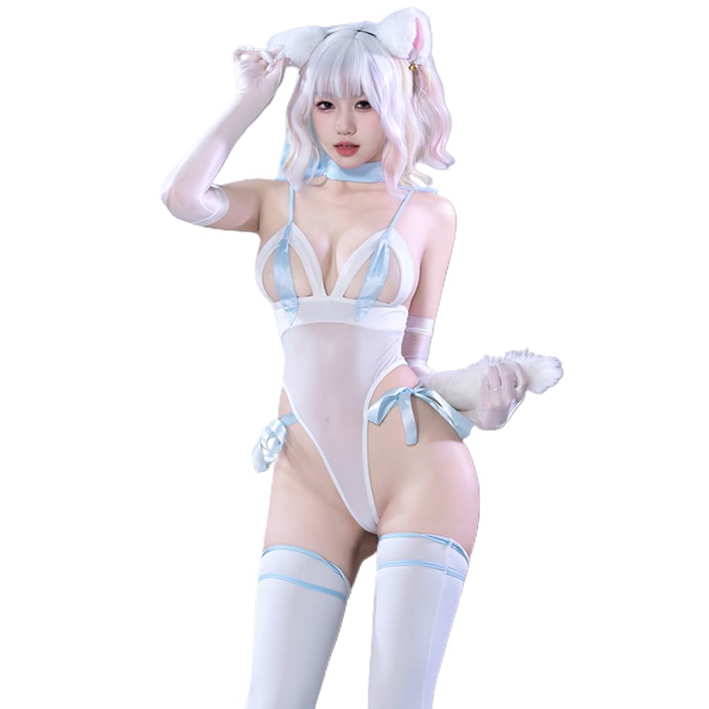 Cat Woman Cosplay Stockings 7 Piece Set Leotard Open Crotch Bodycon White One Size [SENMHS] [Headband, Choker, Leotard, Gloves2, Included, Tail]