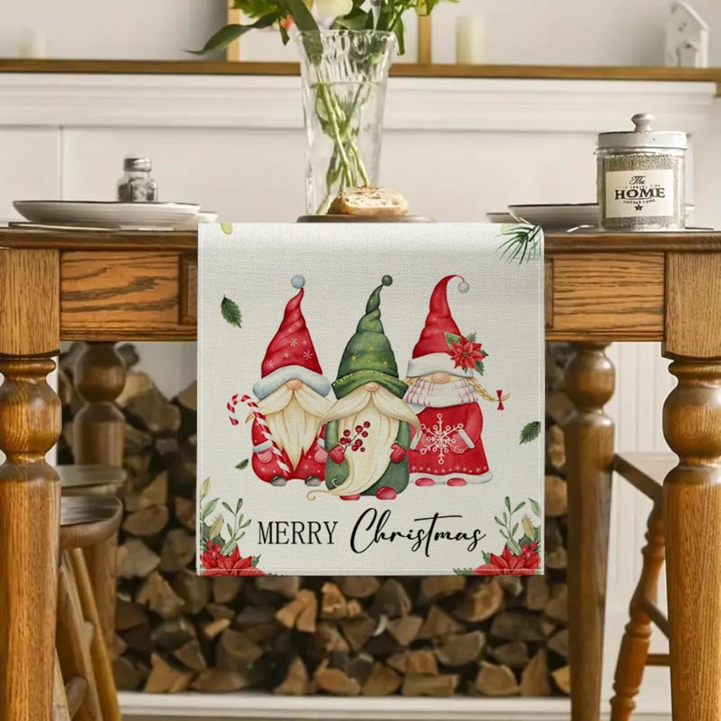 Christmas Gnomes Table Runner 13x72 Inch, Merry Christmas Poinsettia Winter Kitchen Dinning Table Decoration for Home Party Decor