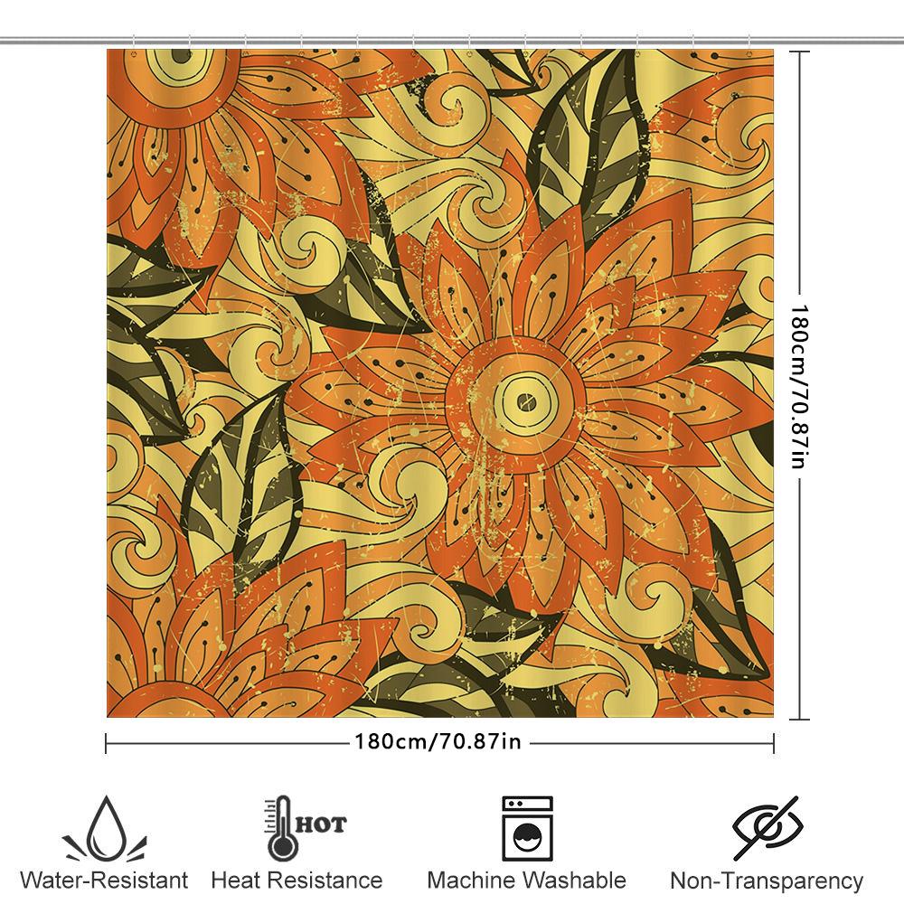 Decorative Shower Curtain Floral Sunflower Pattern With Black Splashes For Bathroom Decor In Orange Gold Size72X84Inches (183X21