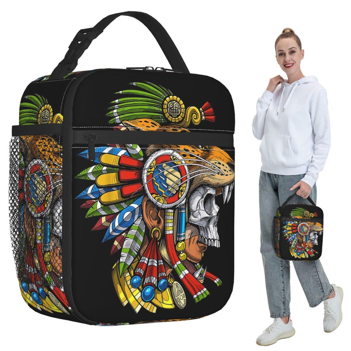 Aztec Skull Jaguar Warrior Mask Mayan Mythology Insulated Lunch Bag for Women Office Cooler Thermal Food Box Tote Lunch Boxes One Size