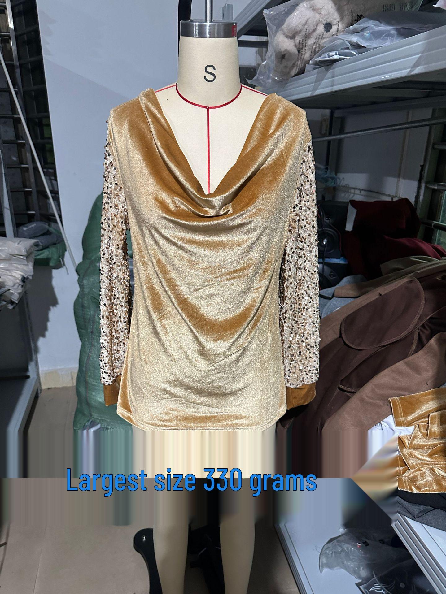 

2025 European & American Sequin Patchwork Velvet High-Neck Long Sleeve Women s Fashion Top 3XL