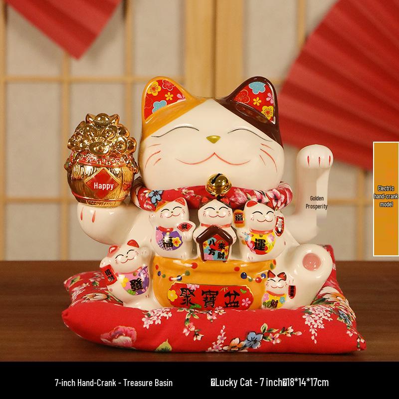 Electric Waving Lucky Cat Ceramic Ornament for Home, Living Room, Shop, or Cashier Desk.